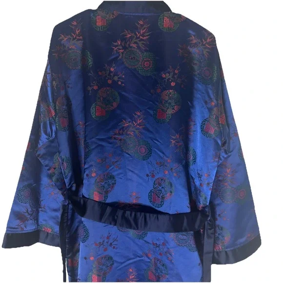 Vintage Silk Blend Chinese Hand Embroidered Kimono Robe Flower Birds Crane Stork - Picture 4 of 9
